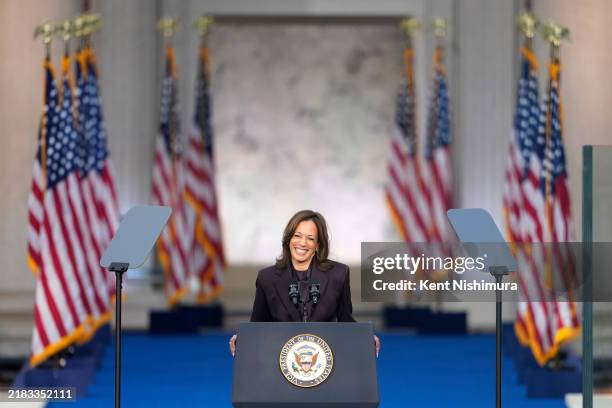 Democratic presidential nominee, U.S. Vice President Kamala Harris speaks on stage as she concedes the election, at Howard University on November 06,...
