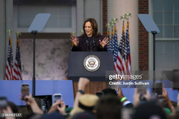 Democratic presidential nominee, U.S. Vice President Kamala Harris speaks on stage as she concedes the election, at Howard University on November 06,...