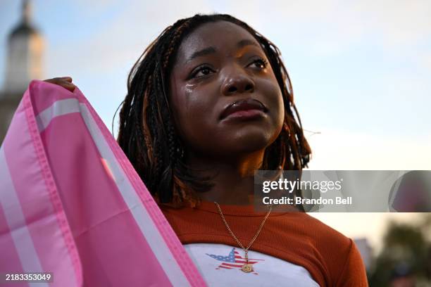Supporter reacts as Democratic presidential nominee, U.S. Vice President Kamala Harris concedes the election during a speech at Howard University on...