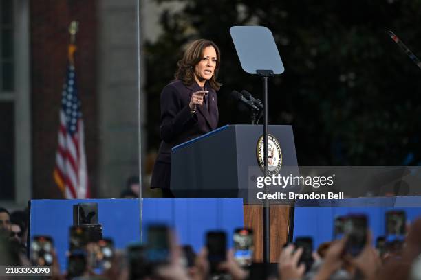 Democratic presidential nominee, U.S. Vice President Kamala Harris speaks on stage as she concedes the election, at Howard University on November 06,...