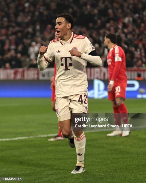 Jamal Musiala of Bayern Munich celebrates scoring his team's first goal during the UEFA Champions League 2024/25 League Phase MD4 match between FC...