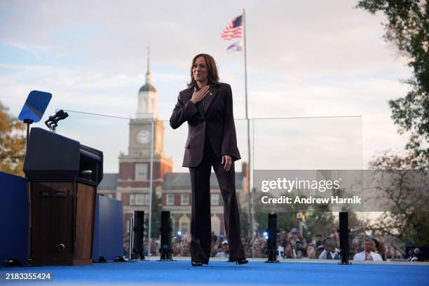 Democratic presidential nominee, U.S. Vice President Kamala Harris departs the stage after conceding the election during a speech at Howard...