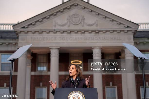Democratic presidential nominee, U.S. Vice President Kamala Harris speaks on stage as she concedes the election, at Howard University on November 06,...
