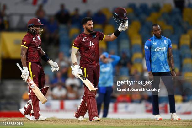 Brandon King of the West Indies celebrates his century during the 3rd One Day International between the West Indies and England at Kensington Oval on...