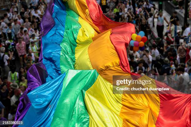 rainbow lgbtq+ flag and parade-people marching pride month - gay pride parade stock pictures, royalty-free photos & images