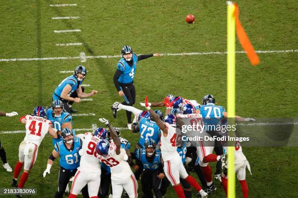Munich, Germany Eddy Pineiro of Carolina Pamthers kicks the winning Field Goal to the 17:20 during the NFL Munich Game 2024 match between New York...