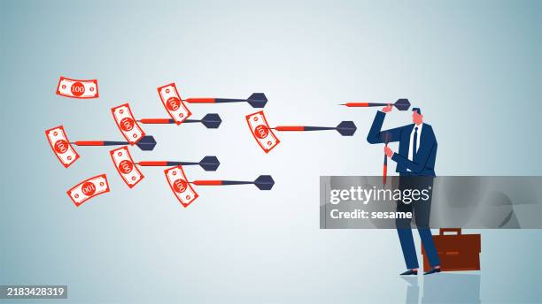 financial plans and goals, wealth training and goals, business skills and training, businessman throws darts to shoot banknotes falling from the sky - practising stock illustrations