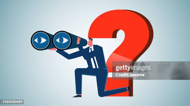 exploring and discovering problems, seeking solutions to problems, businessmen with binoculars crouching next to huge question marks looking and exploring - directing stock illustrations