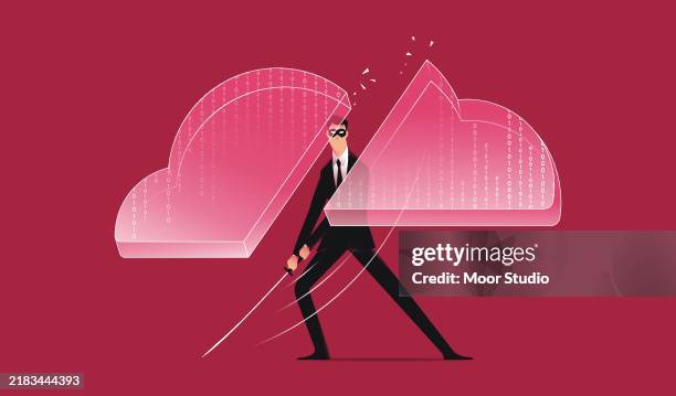 hacker cutting cloud archive vector illustration - internet attack stock illustrations