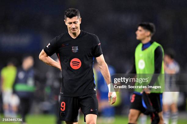 Robert Lewandowski of FC Barcelona disappointed after the match during the LaLiga EA Sports match between Real Sociedad v FC Barcelona at the Estadio...