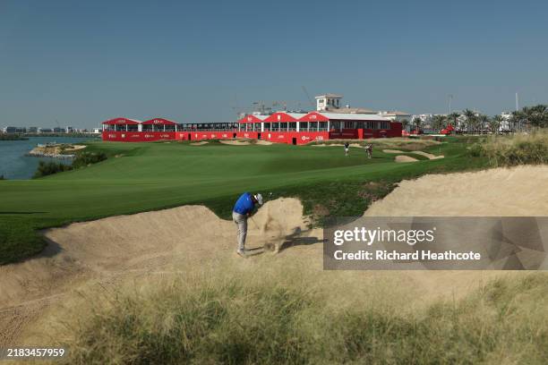 Shubhankar Sharma of India plays his third shot from a bunker on the 18th hole during day one of the Abu Dhabi HSBC Championship 2024 at Yas Links...