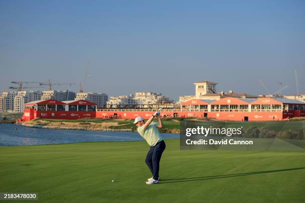 Robert MacIntyre of Scotland plays his second shot on the 18th hole during the first round of the Abu Dhabi HSBC Championship 2024 at Yas Links Golf...