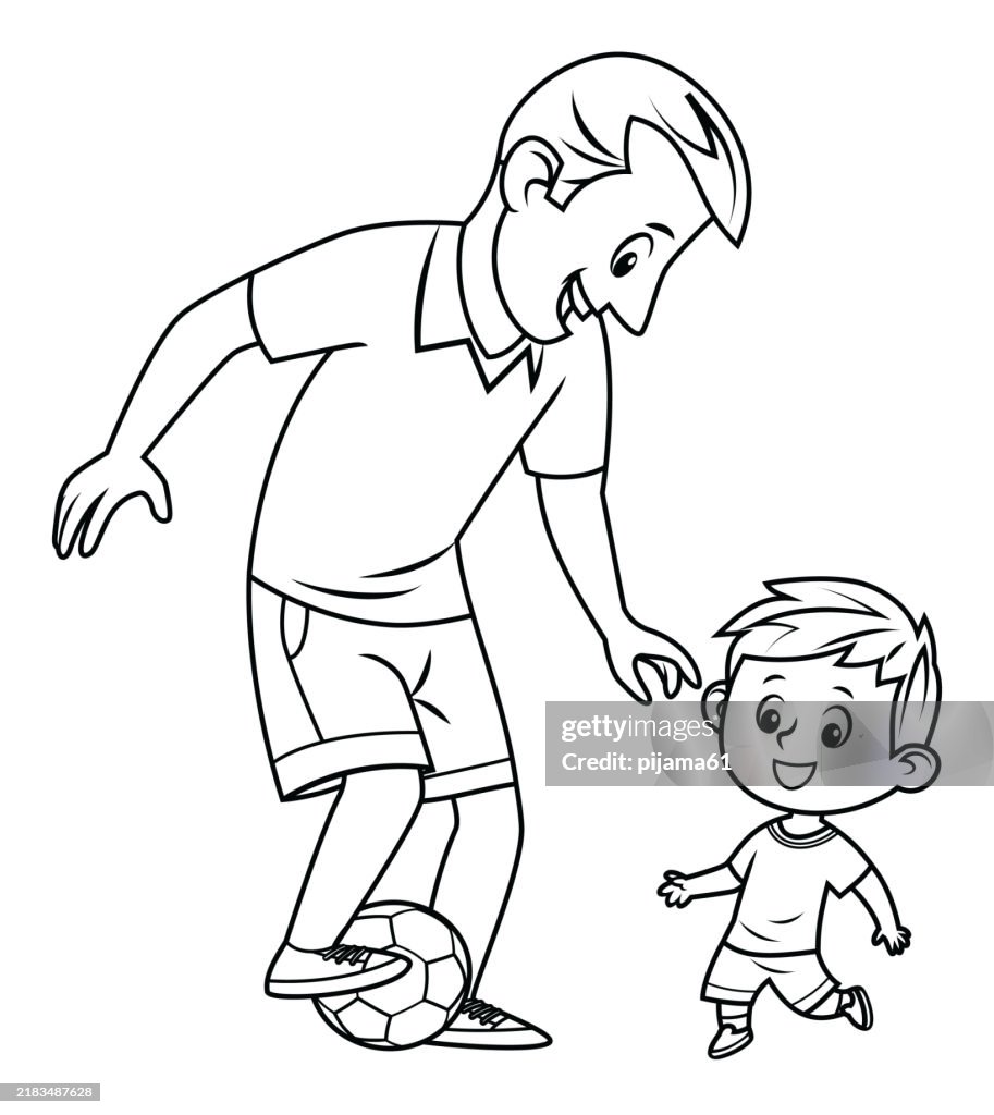 Boy and his father playing football on playground. Fatherhood concept. Joyful father playing with his little kid.