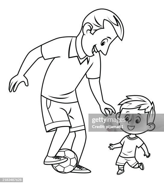 boy and his father playing football on playground. fatherhood concept. joyful father playing with his little kid. - coloring book page illlustration technique stock illustrations