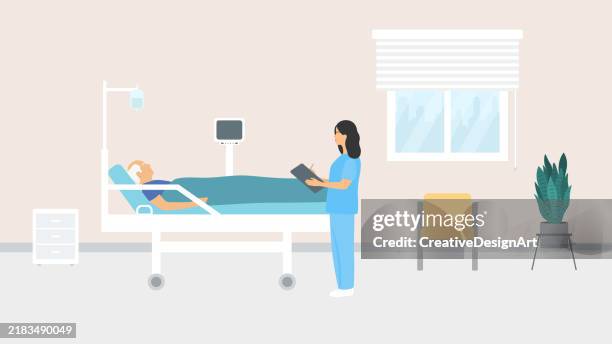 hospital room interior with female doctor analyzing elderly patient - stretcher stock illustrations