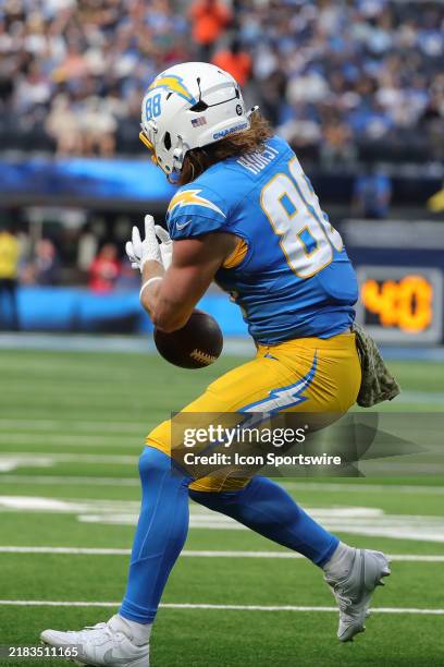 Los Angeles Chargers tight end Hayden Hurst drops a pass during the Tennessee Titans game versus the Los Angeles Chargers on November 10 at Sofi...