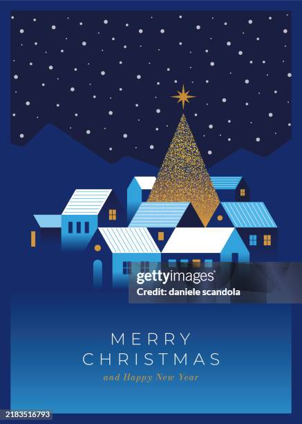 weihnachtskarte. weihnachtshintergrund mit häusern und weihnachtsbaum. - weihnachtskarte stock-grafiken, -clipart, -cartoons und -symbole