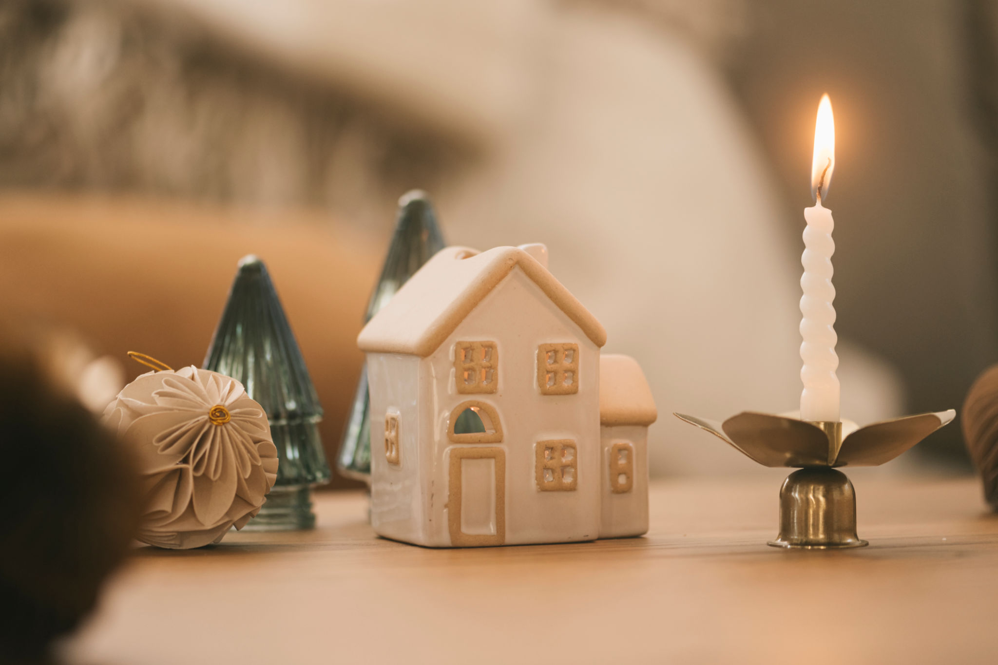 Christmas still life candles and house decorations and ornaments Christmas still life candles and house decorations and ornaments