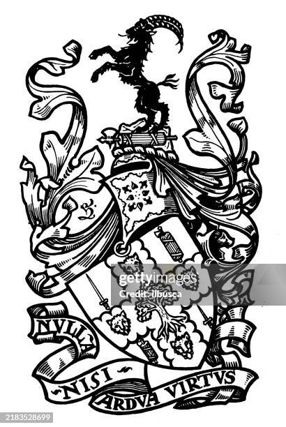 ilustraciones, imágenes clip art, dibujos animados e iconos de stock de emblema del escudo heráldico: charles gurdon kemball - ibex mountain goat