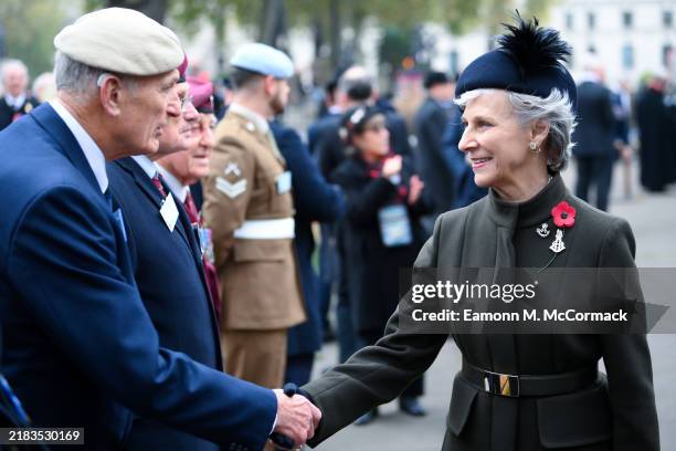 Birgitte, Duchess of Gloucester meets with war veterans at The Field Of Remembrance at Westminster Abbey on November 07, 2024 in London, England. The...