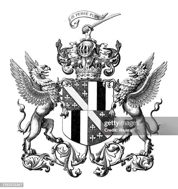 heraldry coat of arms emblem: john francis erskine goodeve-erskine, earl of mar - francis griffin stock illustrations