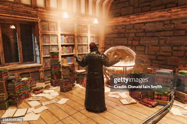 bizarre futuristic library interior - steampunk decor stock pictures, royalty-free photos & images
