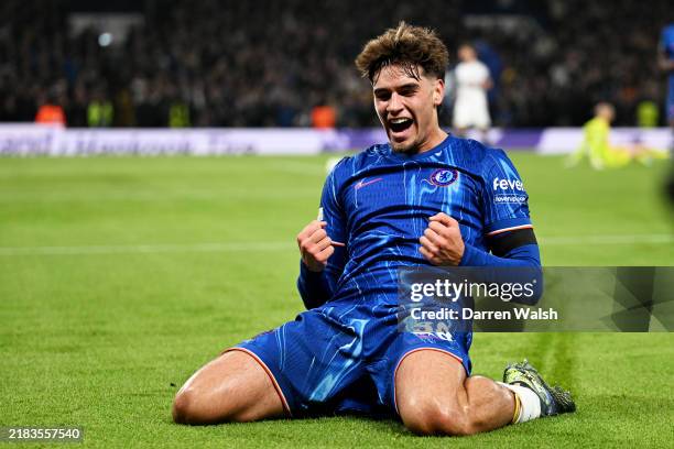 Marc Guiu of Chelsea celebrates scoring his team's second goal during the UEFA Conference League 2024/25 League Phase MD3 match between Chelsea FC...