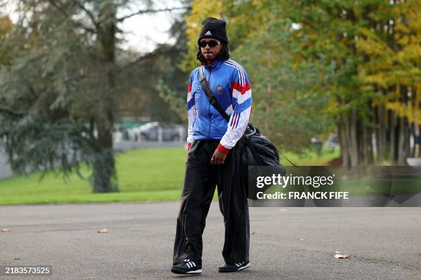 France's defender Jules Kounde arrives in Clairefontaine-en-Yvelines on November 11, 2024 as part of the team's preparation for the upcoming UEFA...