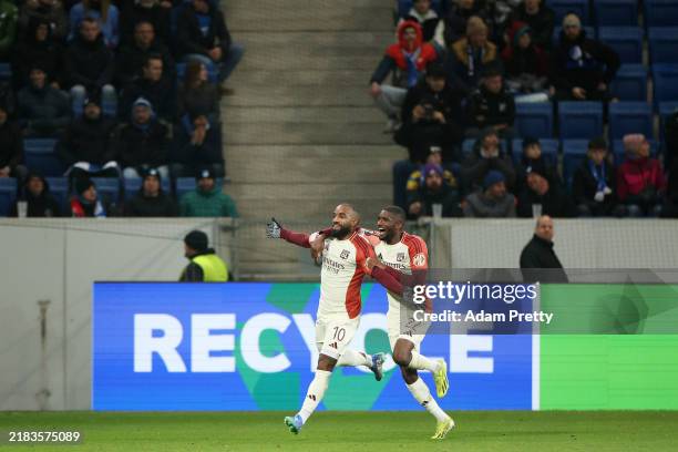 Alexandre Lacazette of Olympique Lyonnais celebrates scoring his team's second goal with teammate Clinton Mata during the UEFA Europa League 2024/25...