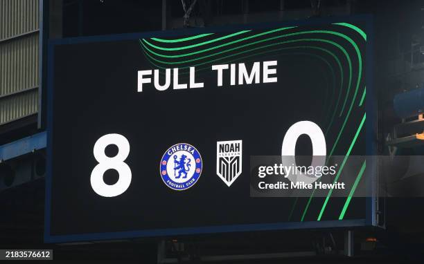 General view inside the stadium at full-time as the scoreboard reads Chelsea 8-0 Noah following the UEFA Conference League 2024/25 League Phase MD3...