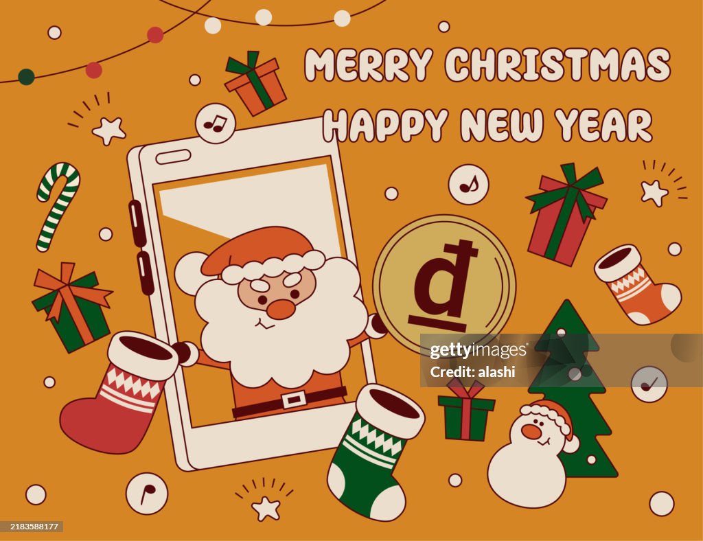 Cute Santa Claus popping out of a smartphone gives Christmas presents and money and wishes you a Merry Christmas and a Happy New Year. The background has Christmas stockings and a snowman