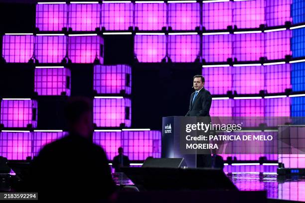 Portuguese Prime Minister Luis Montenegro speaks during the opening ceremony of the Web Summit at Parque das Nacoes in Lisbon, on November 11, 2024....