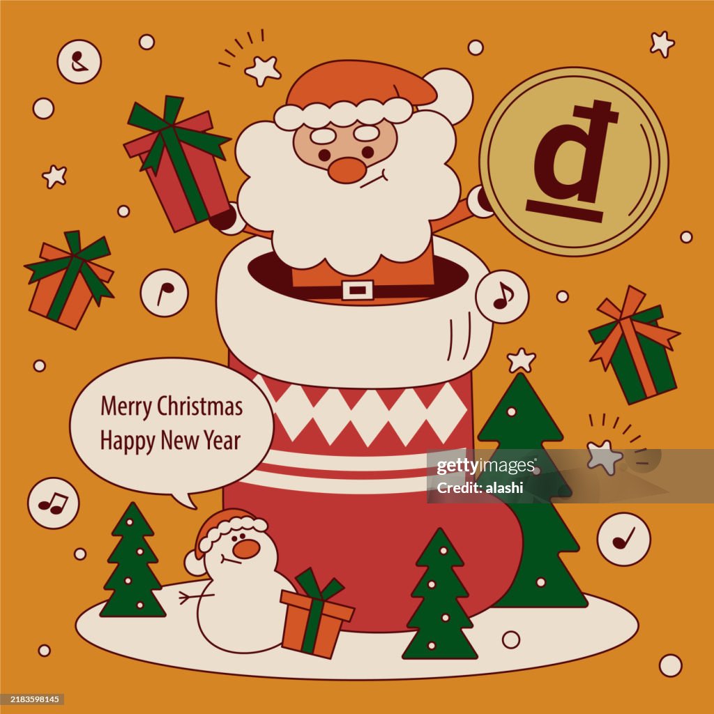 Cute Santa Claus popping out of a big Christmas stocking gives you Christmas presents and money and wishes you a Merry Christmas and a Happy New Year. The background has a snowman and Christmas trees