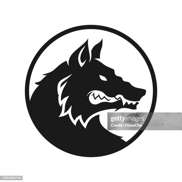 wolf, werewolf, dog head silhouette - round cut out vector wolf or dog icon, logo, sticker, badge, tattoo - vicious circle stock illustrations