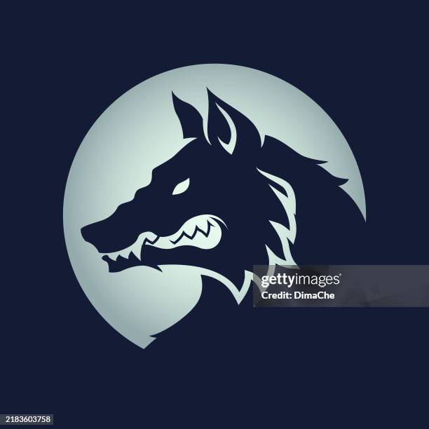 wolf, werewolf, dog head silhouette - negative space cut out vector wolf or dog icon, logo, sticker, badge, tattoo - grey-wolf-canis-lupus-snarling-side-view stock illustrations