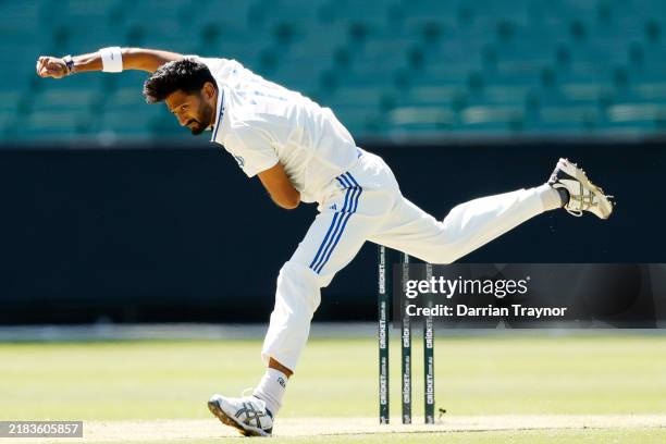 Khaleel Ahmed of India A bowls during the game between Australia A and India A at Melbourne Cricket Ground on November 08, 2024 in Melbourne,...