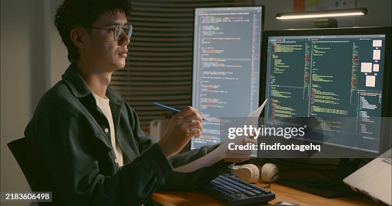 Programmer Reviewing Code with Multiple Screens. Programmer Reviewing Code with Multiple Screens.