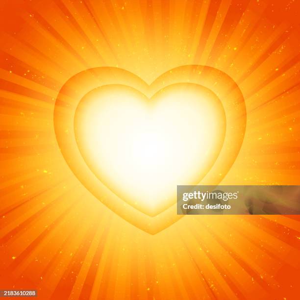 stockillustraties, clipart, cartoons en iconen met a creative glittery golden or bright yellow colored, orange bordered festive blank vector square backgrounds in vibrant colour with a sunburst pattern and shining glittering sun beam or light beam with two concentric layered glowing hearts emitting rays - spirituele verlichting