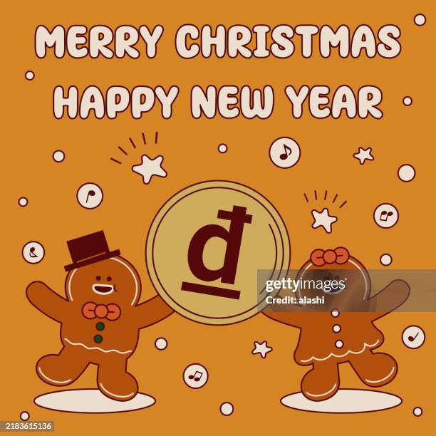 the cute gingerbread couple blesses everyone, holds money together, and dances to wish you a merry christmas and a happy new year - vietnam market stock illustrations