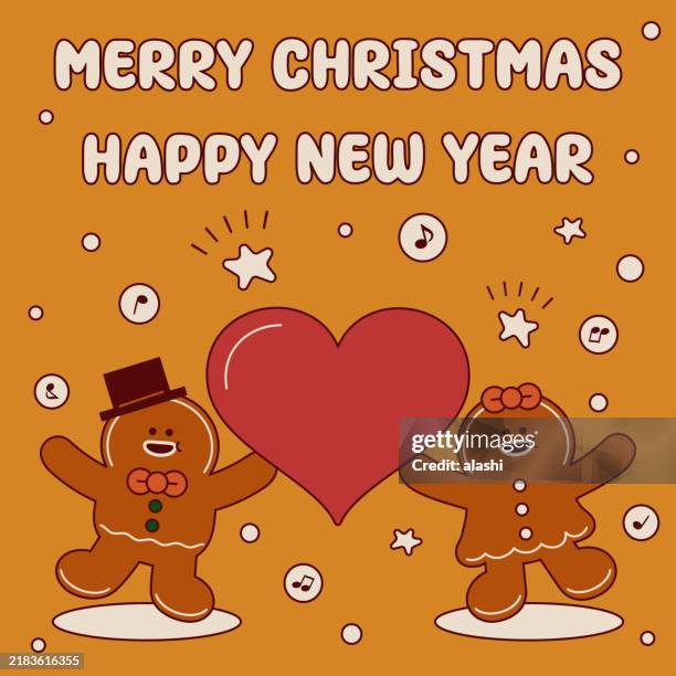 ilustraciones, imágenes clip art, dibujos animados e iconos de stock de la linda pareja de pan de jengibre bendice a todos, mantiene un corazón de amor y baila para desearles una feliz navidad y un próspero año nuevo - figurita de jengibre