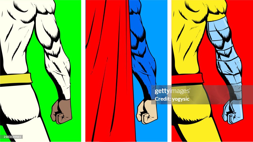 Vector Retro Pop Art Close-up Superhero Arms Collection Stock Illustration
