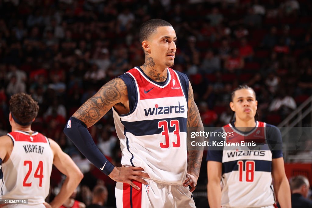Wizards Rockets Kyle Kuzma of the Washington Wizards looks on during the game against ...