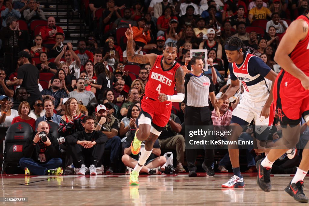 Wizards Rockets Jalen Green of the Houston Rockets celebrates during the game against ...