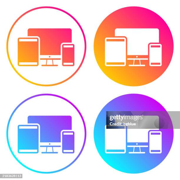 desktop computer, tablet pc and smartphone. round icons with color gradients - computer with blank screen stock illustrations