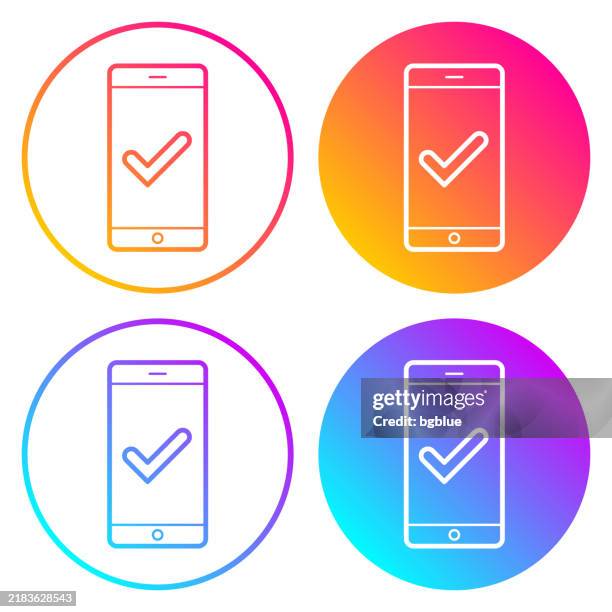 smartphone with check mark. round icons with color gradients - picking oranges stock illustrations