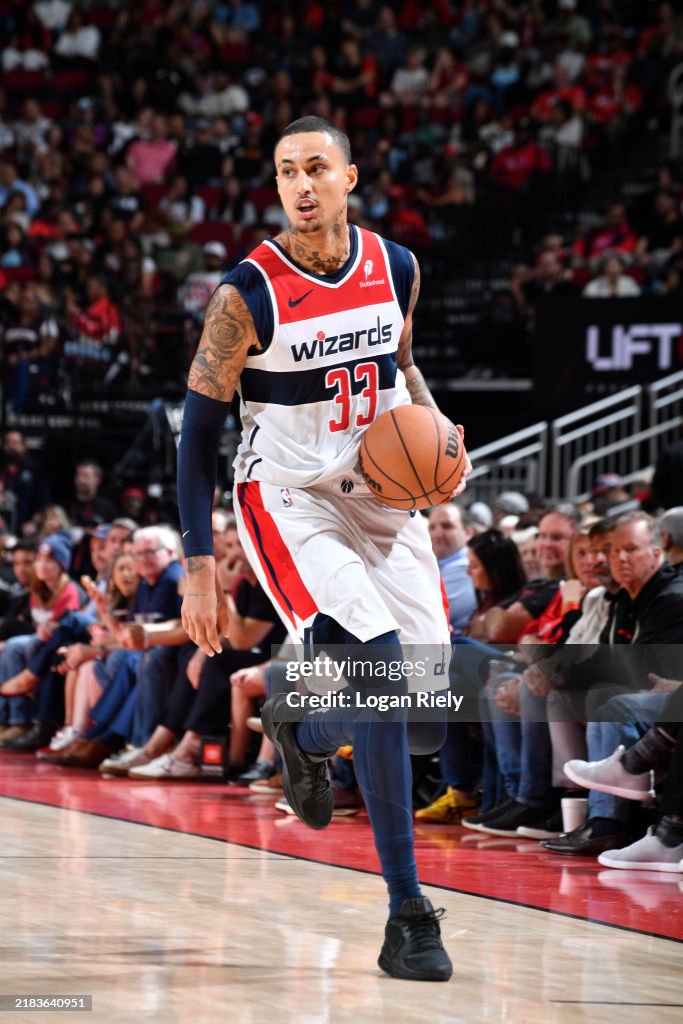 Wizards Rockets Kyle Kuzma of the Washington Wizards dribbles the ball during the ...