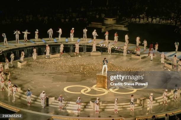American singer and entertainer Lionel Richie performs a version of his song 'All Night Long' during the closing ceremony for the XXIII Olympic...