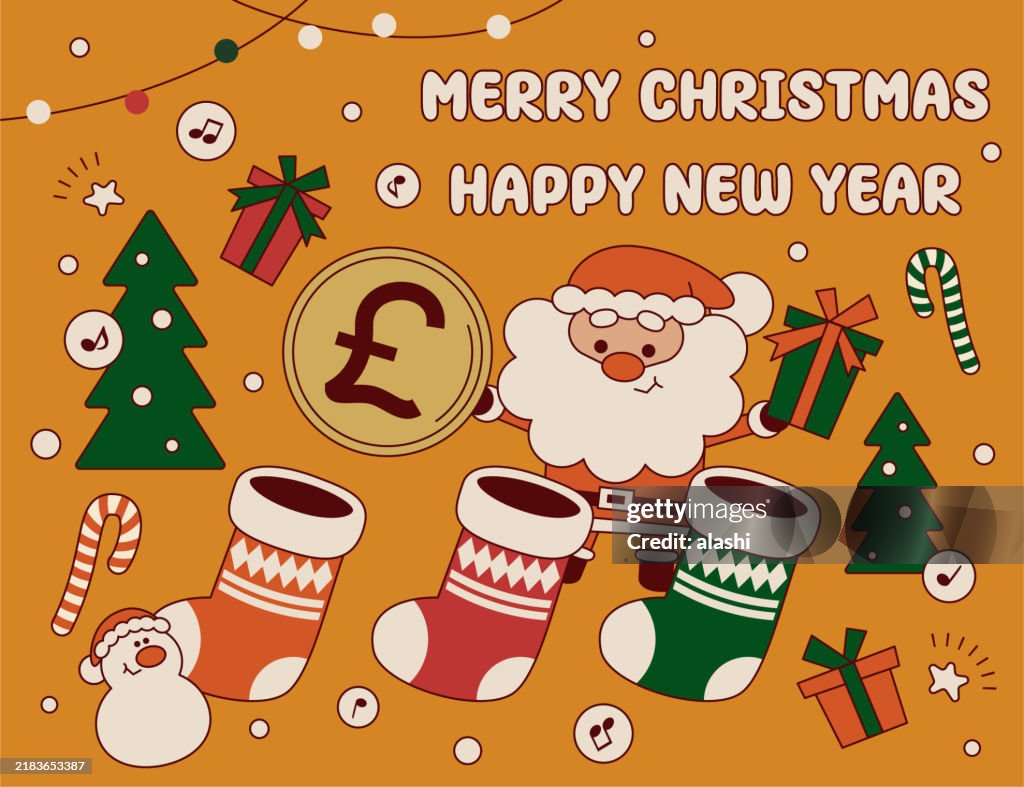 Cute Santa Claus is putting the presents and money in the Christmas stockings to wish you a Merry Christmas and a Happy New Year