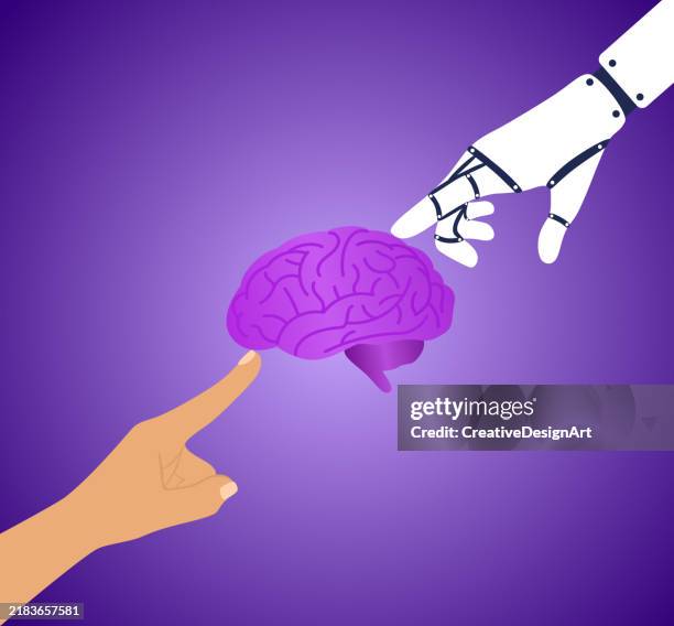 human hand and robotic hand touching brain. machine learning and artificial intelligence concept - learning computer programming stock illustrations
