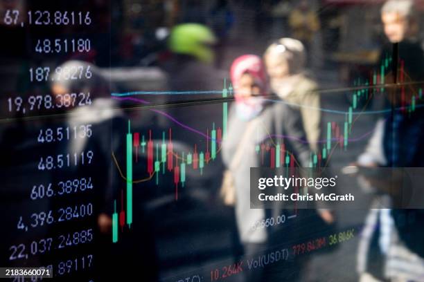 People are reflected in the window of a cryptocurrency exchange office showing the Bitcoin trading graph on November 08, 2024 in Istanbul, Turkey....